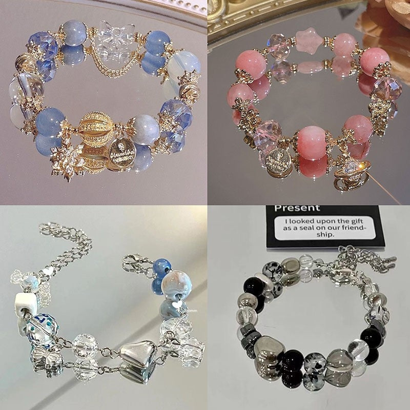 Sweet Clouds Rhombus Alloy Bracelet with Snowflake Pendant and Blue Beaded Bow Design