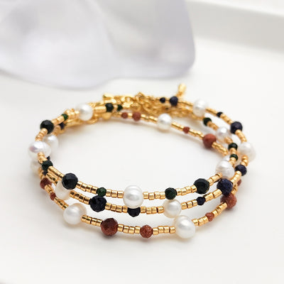 Sweet Color Block Freshwater Pearl and Gold Sandstone Beaded Bracelet for Women