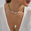 Sweet Color Block Green Natural Stone & Imitation Pearl Layered Necklace