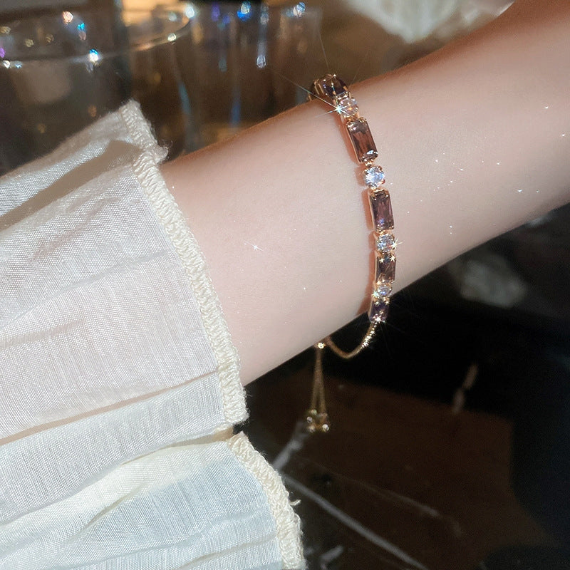 Sweet Colorful Purple Zircon Rectangle Copper Bracelet - Elegant and Unique Design