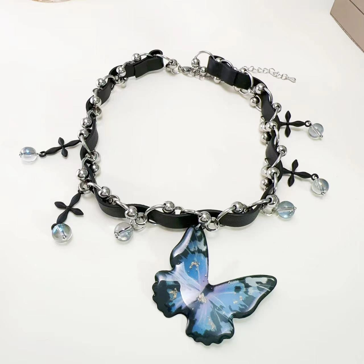 Sweet Butterfly Crystal PU Leather Women's Choker Necklace