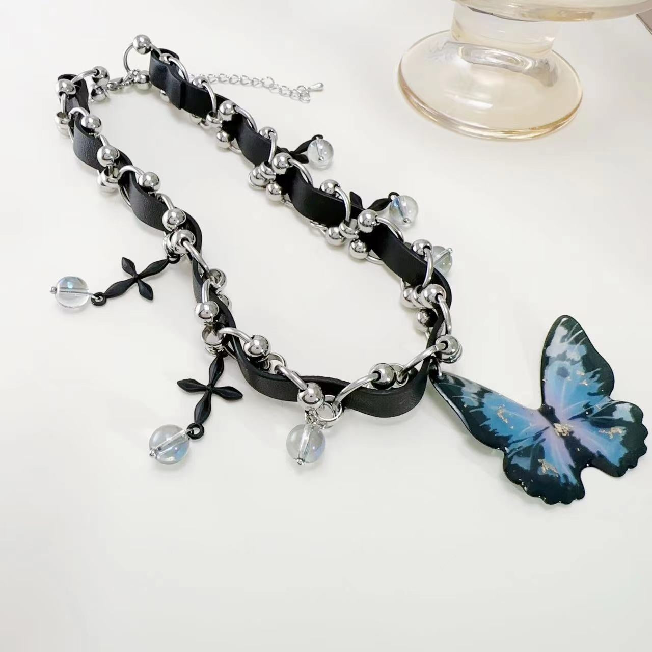 Sweet Butterfly Crystal PU Leather Women's Choker Necklace