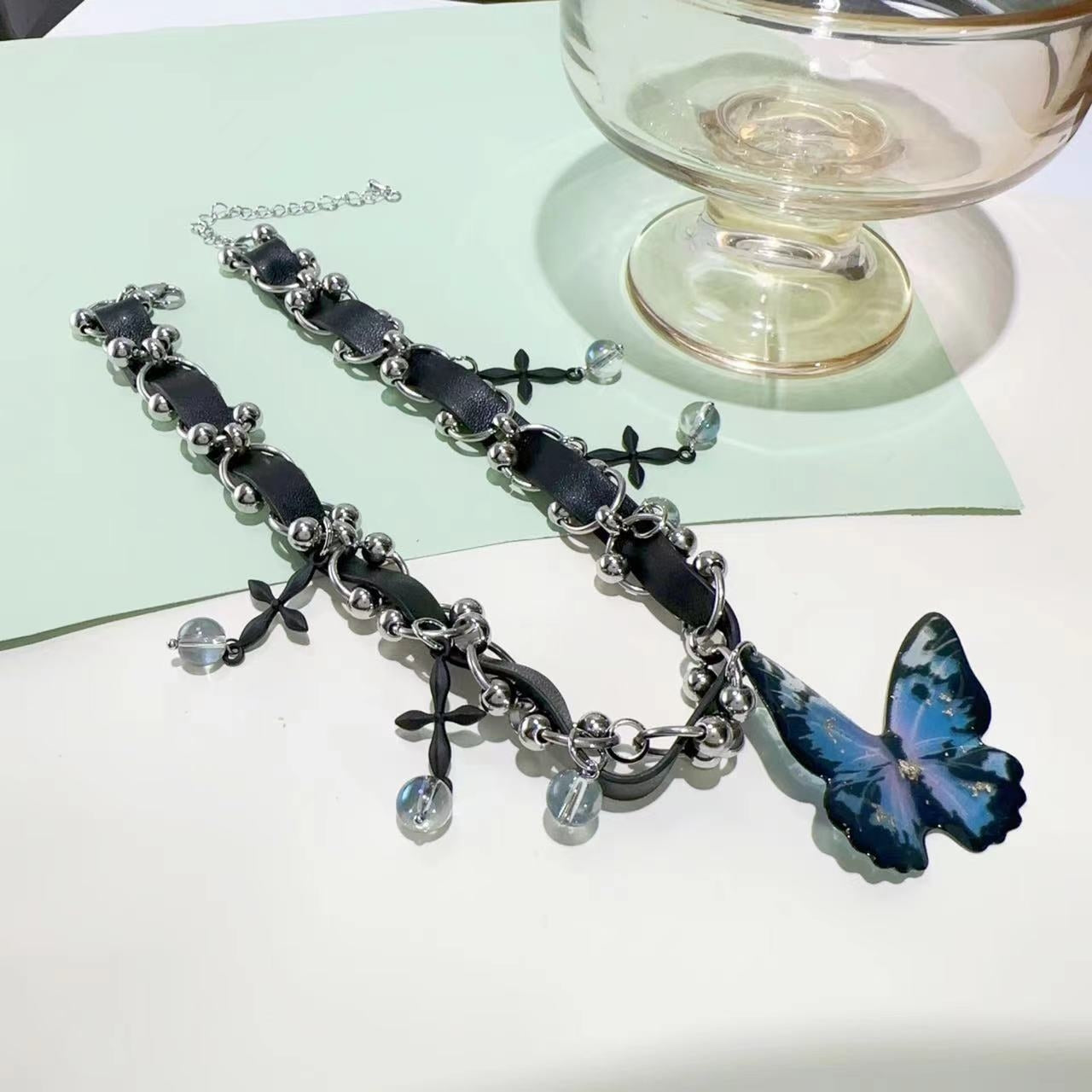 Sweet Butterfly Crystal PU Leather Women's Choker Necklace