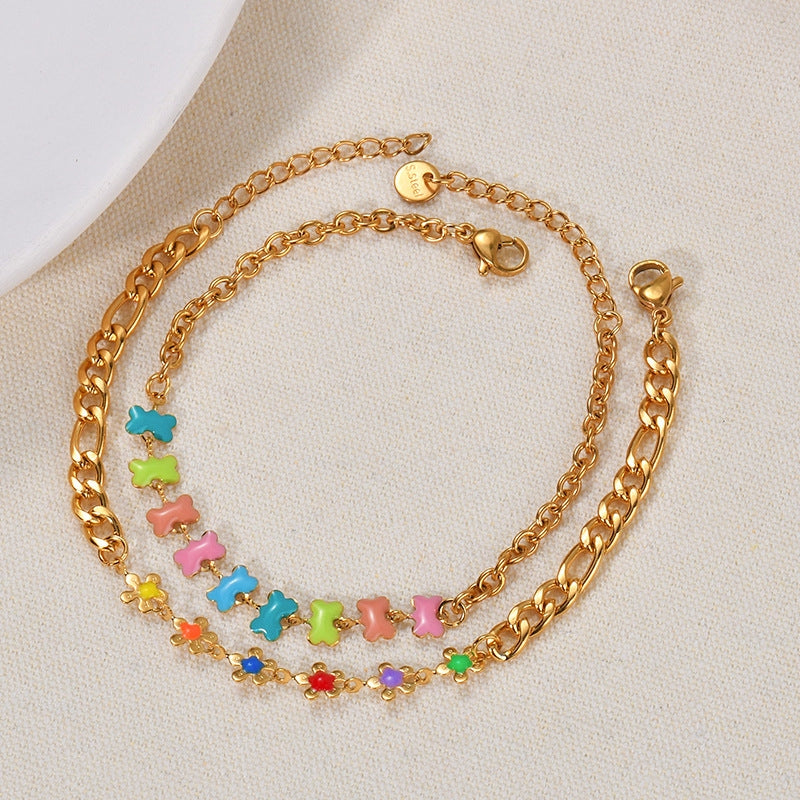 Colorful Enamel Flower Stainless Steel Bracelet for Women