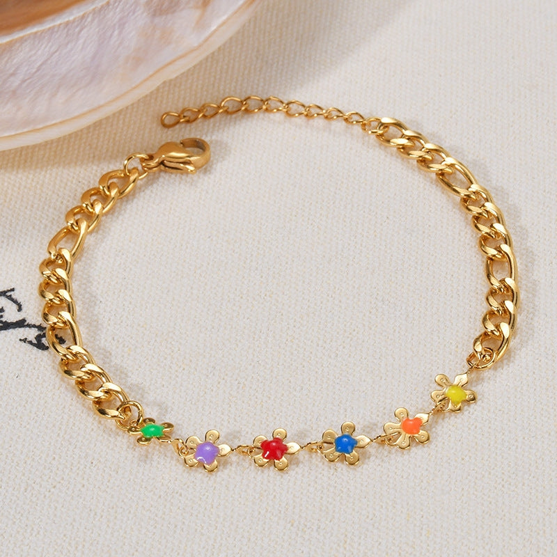 Colorful Enamel Flower Stainless Steel Bracelet for Women