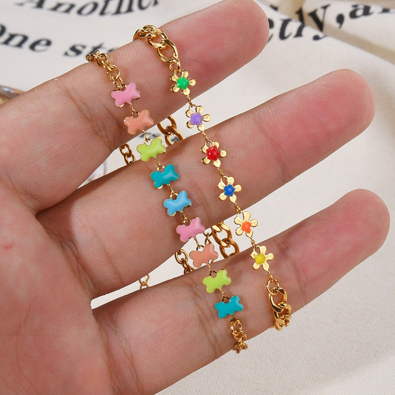 Colorful Enamel Flower Stainless Steel Bracelet for Women