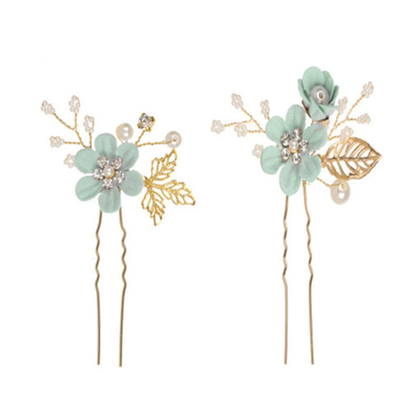 Sweet Flower Beaded Hairpin & Light Blue Bridal Tiara Set