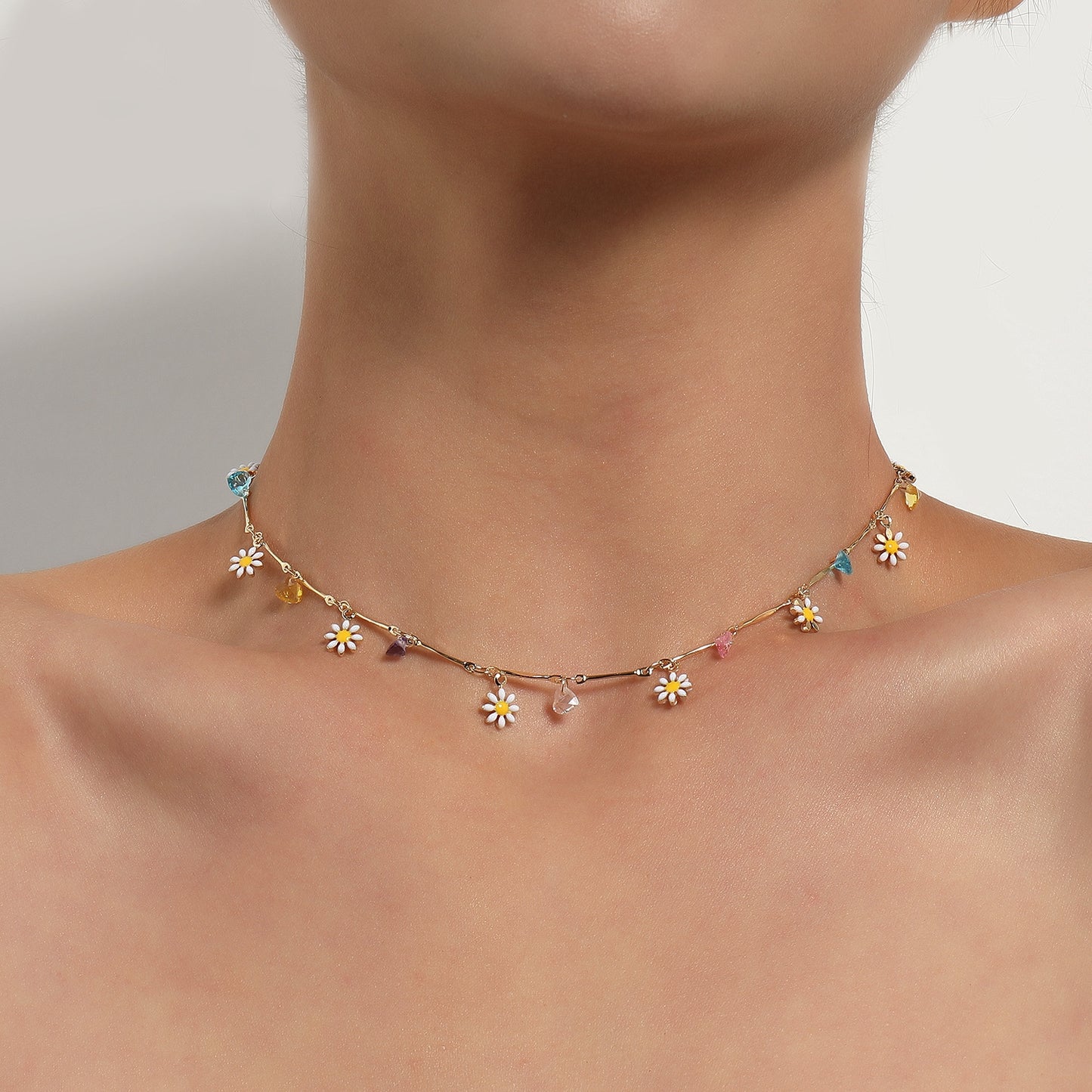 Sweet Floral Enamel Gemstone Choker Necklace