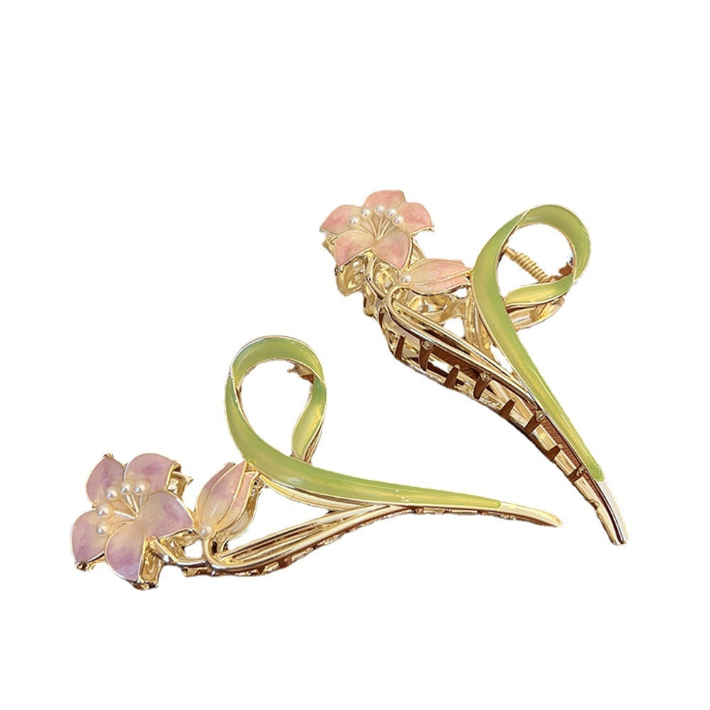 Sweet Gardenia Pearl Inlay Metal Hair Claw Clip for Women