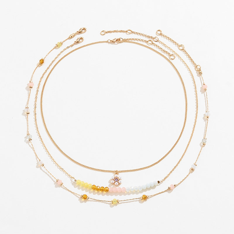 Sweet Floral Crystal Copper Multi-Layer Necklace