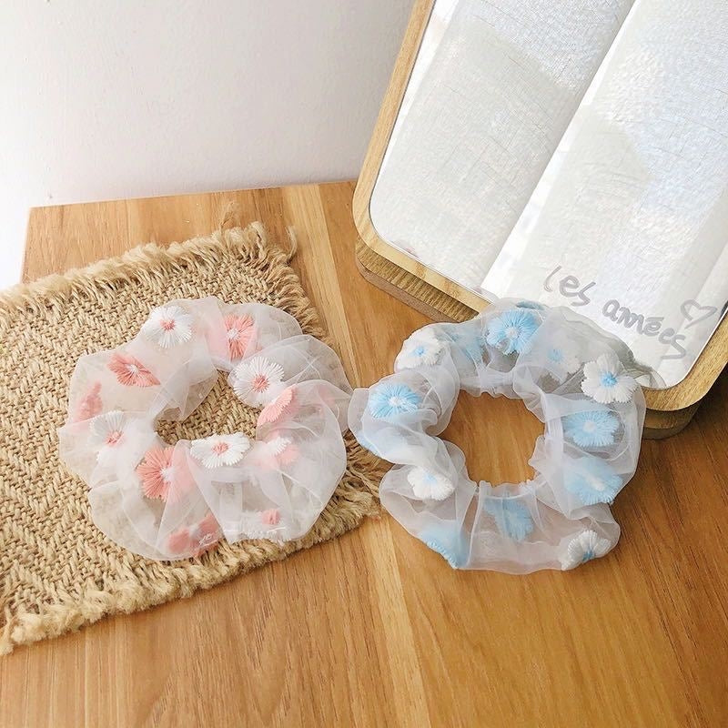 Sweet Powder Blue Embroidered Flower Hair Tie - Korean Style Versatile Hair Accessory