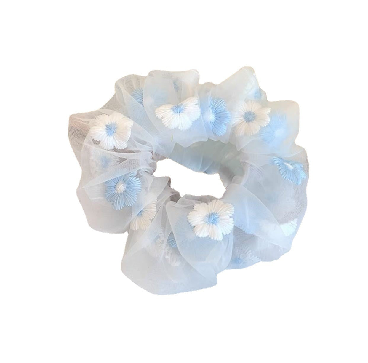 Sweet Powder Blue Embroidered Flower Hair Tie - Korean Style Versatile Hair Accessory