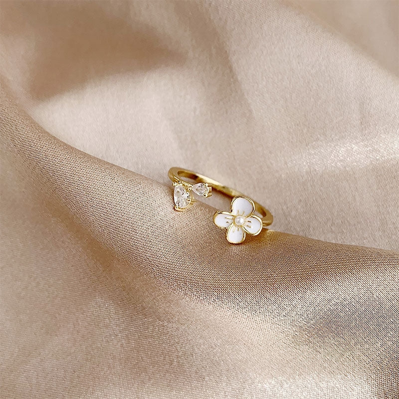 Sweet Flower Pearl Embellished Gold Plated Open Ring