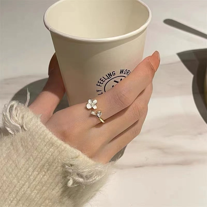 Sweet Flower Pearl Embellished Gold Plated Open Ring