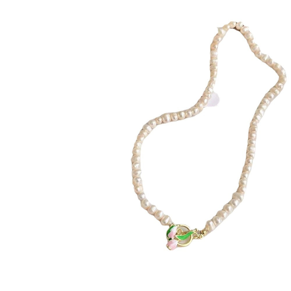 Sweet Tulip Painted Freshwater Pearl Necklace and Bracelet Set for Women