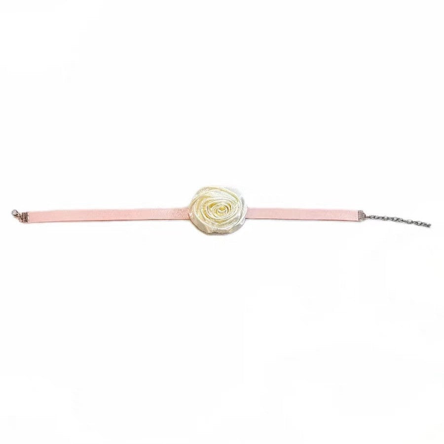 Sweet Creamy White Rose Flower PU Leather Satin Choker Necklace for Women