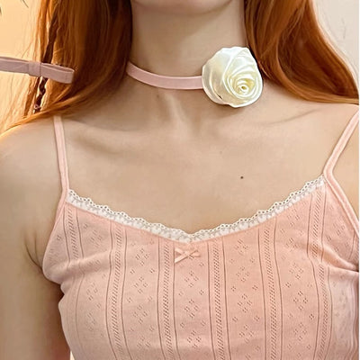 Sweet Creamy White Rose Flower PU Leather Satin Choker Necklace for Women