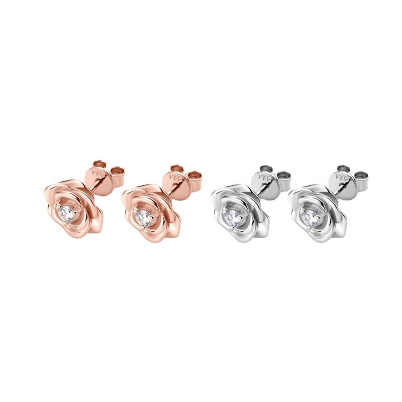 Sweet Flower Rose Gold Moissanite Sterling Silver Ear Studs