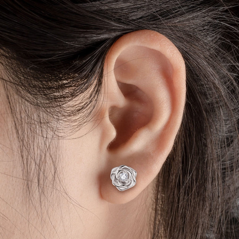 Sweet Flower Rose Gold Moissanite Sterling Silver Ear Studs