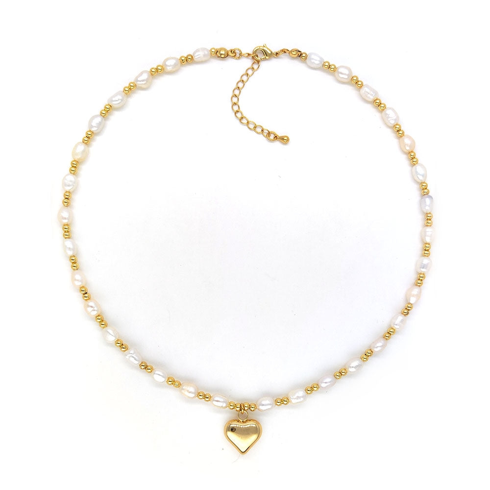 Sweet Geometric Freshwater Pearl Heart Pendant 18k Gold Plated Necklace