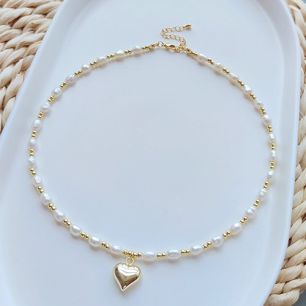 Sweet Geometric Freshwater Pearl Heart Pendant 18k Gold Plated Necklace