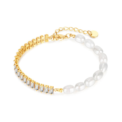 Sweet Geometric Stainless Steel Zircon and Pearl Bracelet