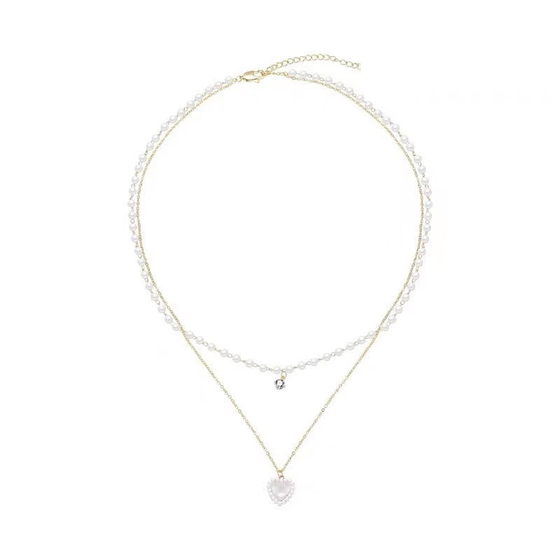 Sweetheart Pearl Rhinestone Layered Necklace for Women