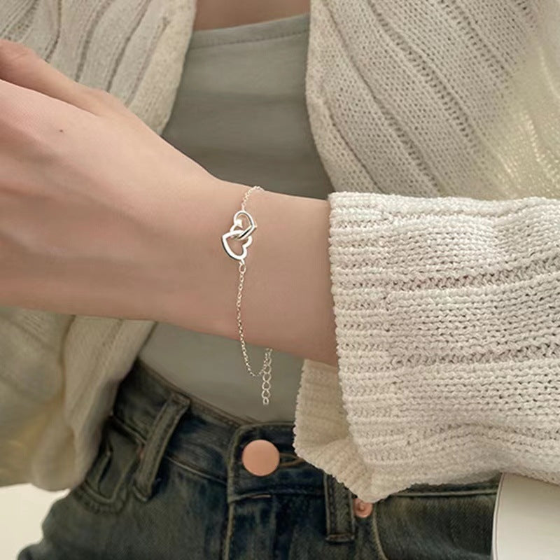 Sweet Heart Double Heart-Shaped Alloy Bracelet for Women