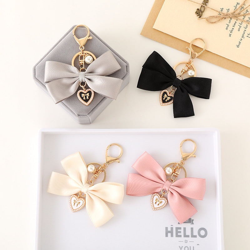 Sweet Heart Bow Knot Fabric Pendant Keychain for Women