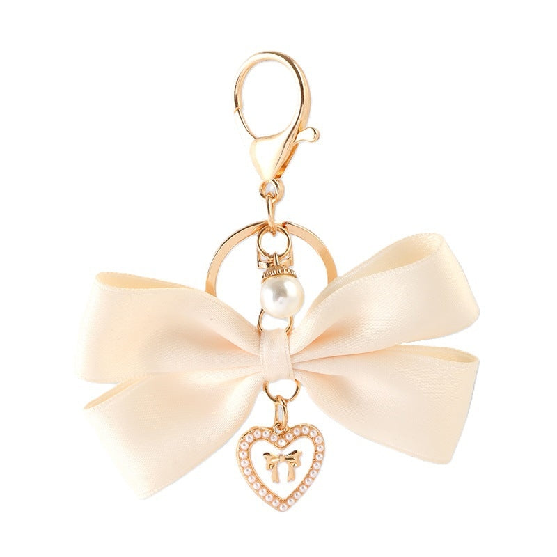 Sweet Heart Bow Knot Fabric Pendant Keychain for Women