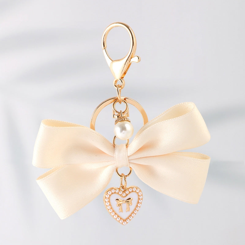 Sweet Heart Bow Knot Fabric Pendant Keychain for Women