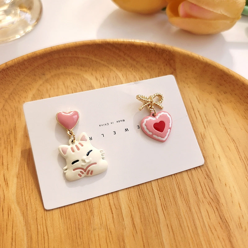 Sweet Heart Cat Bow Knot Asymmetrical Drop Earrings in Pink Enamel with S925 Silver Needle