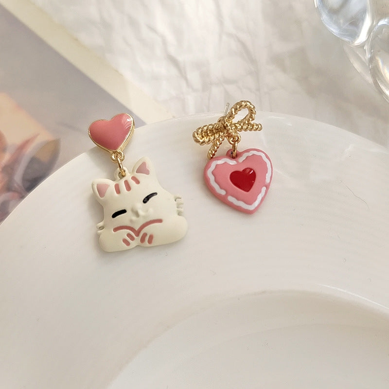 Sweet Heart Cat Bow Knot Asymmetrical Drop Earrings in Pink Enamel with S925 Silver Needle