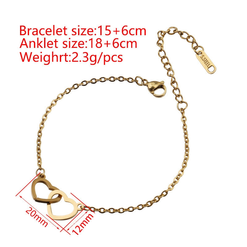 18K Gold Plated Stainless Steel Double Heart Bracelet and Anklet Set