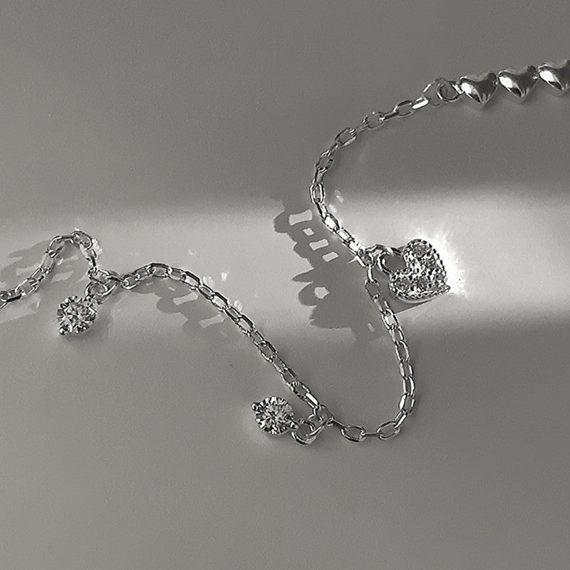 Sweet Heart Sterling Silver Inlay Diamond Bracelet - Versatile Luxury Love Design