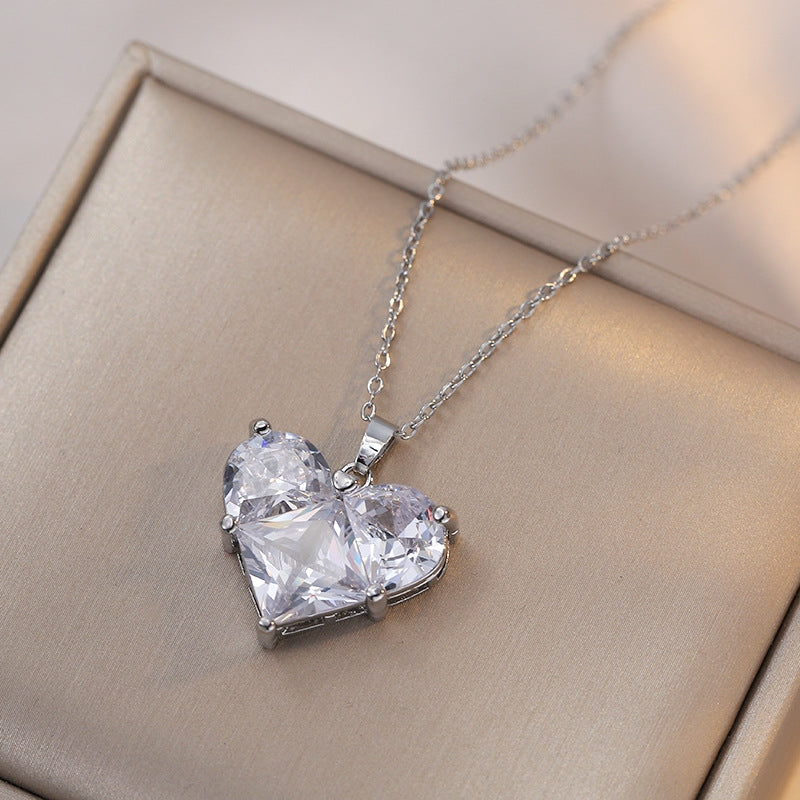 Sweet Heart Blue Crystal Zircon Titanium Steel Pendant Necklace