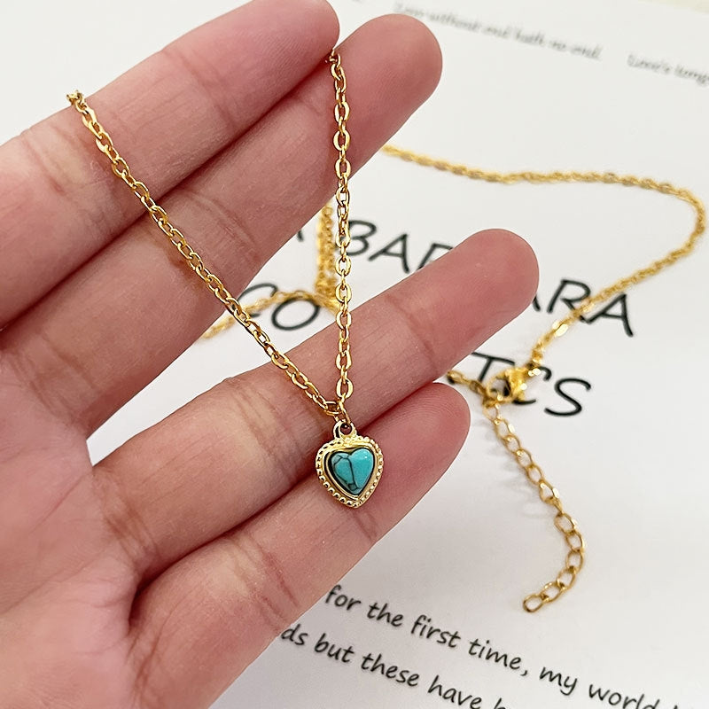 Sweet Vintage Heart Turquoise Titanium Steel Pendant Necklace