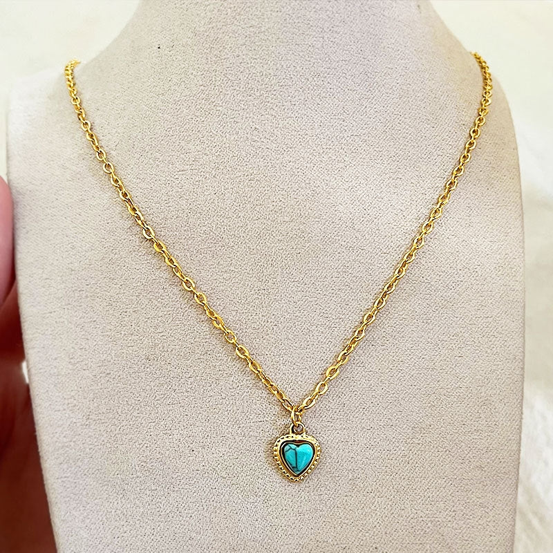 Sweet Vintage Heart Turquoise Titanium Steel Pendant Necklace