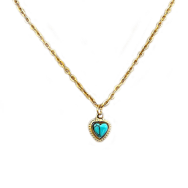 Sweet Vintage Heart Turquoise Titanium Steel Pendant Necklace