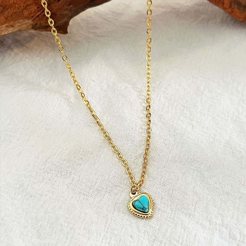 Sweet Vintage Heart Turquoise Titanium Steel Pendant Necklace