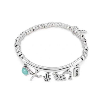 Turquoise Silver Plated Charm Bracelet with Tassel and Horseshoe Clover Design