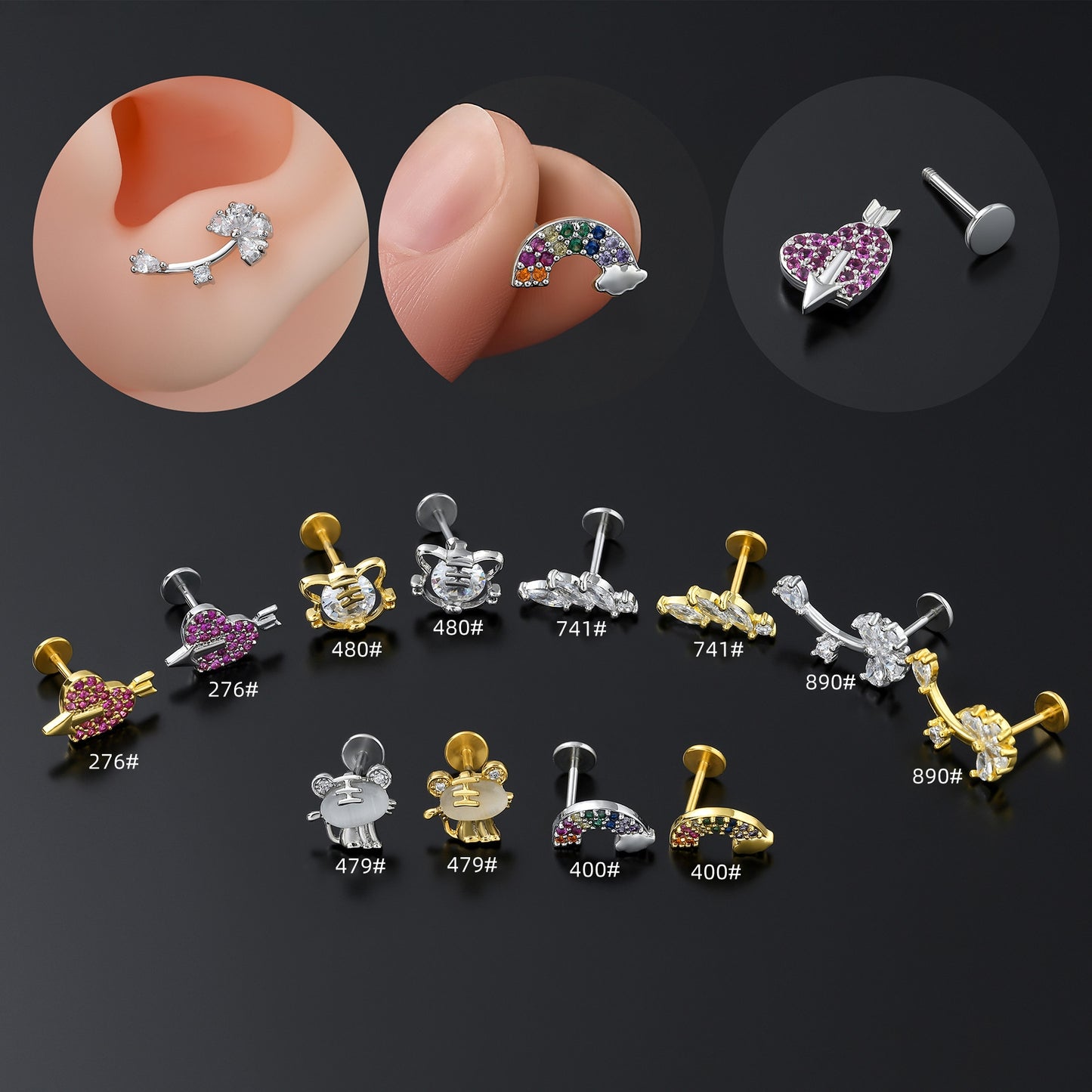 Rainbow Tiger Flower 18k Gold Plated Butterfly Zircon Lip Studs - Stainless Steel Piercing Jewelry