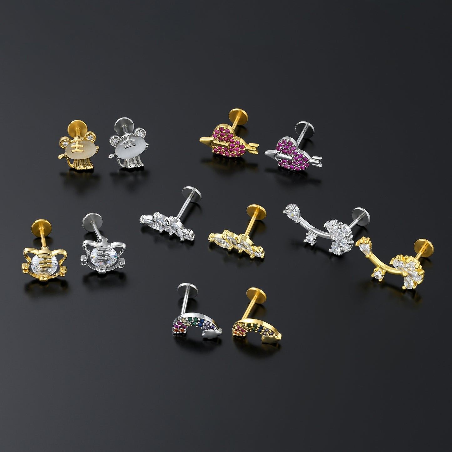 Rainbow Tiger Flower 18k Gold Plated Butterfly Zircon Lip Studs - Stainless Steel Piercing Jewelry