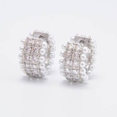 Sweet Round Pearl Zircon Bracelet and Earrings Set - Fashion Jewelry for Women