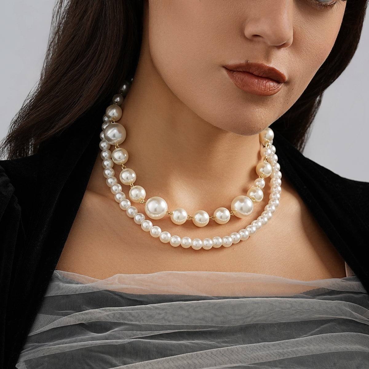 Sweet Round Imitation Pearl Alloy Beaded Double Layer Women's Necklace