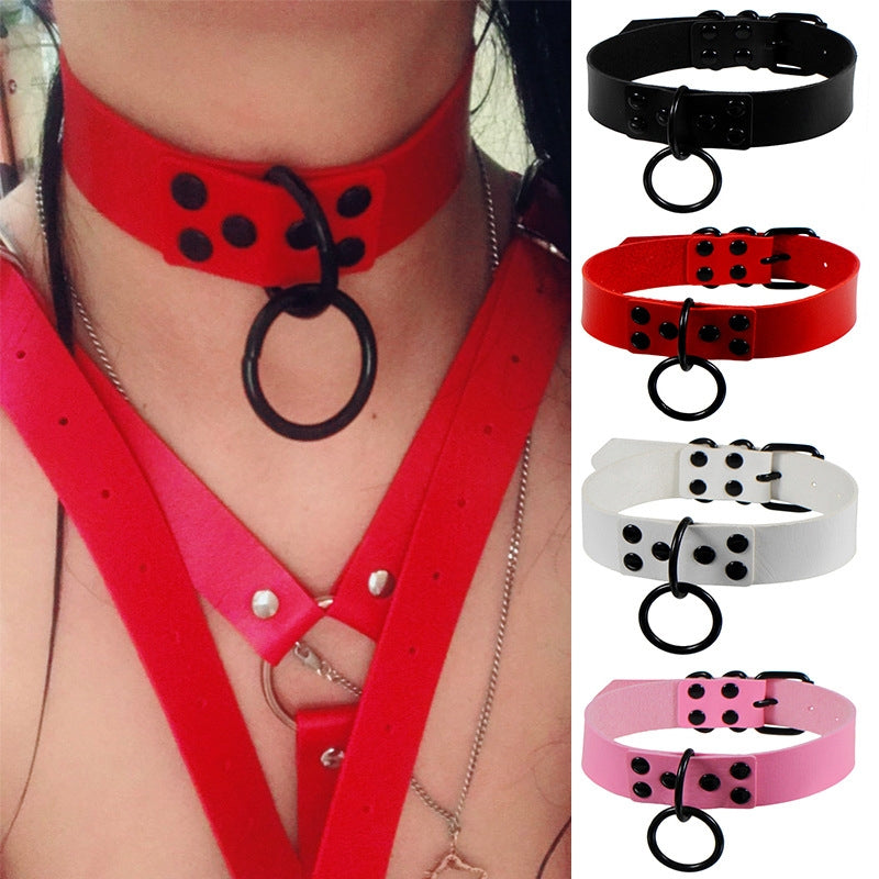 Sweet Gothic PU Leather O-Ring Choker Necklace for Women