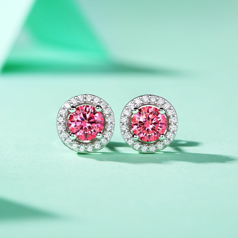 Sweet Round Sterling Silver Moissanite Pink Ear Studs