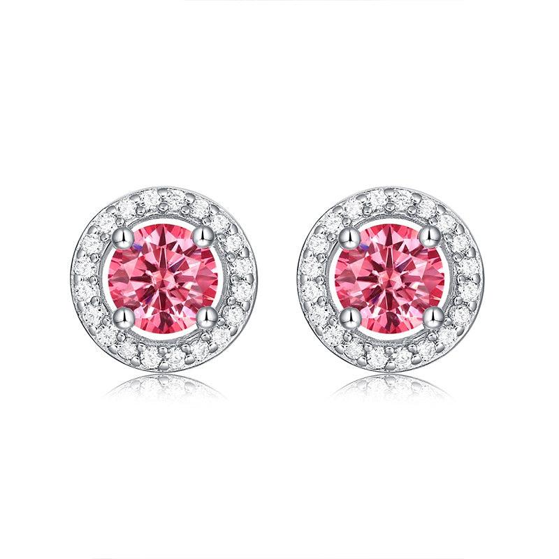 Sweet Round Sterling Silver Moissanite Pink Ear Studs