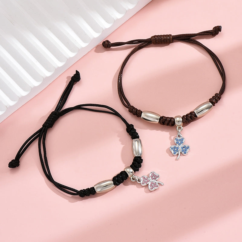 Sweet Clover Geometric Alloy Plated Couple Bracelets - European and American Creative Rhinestone Weave Design