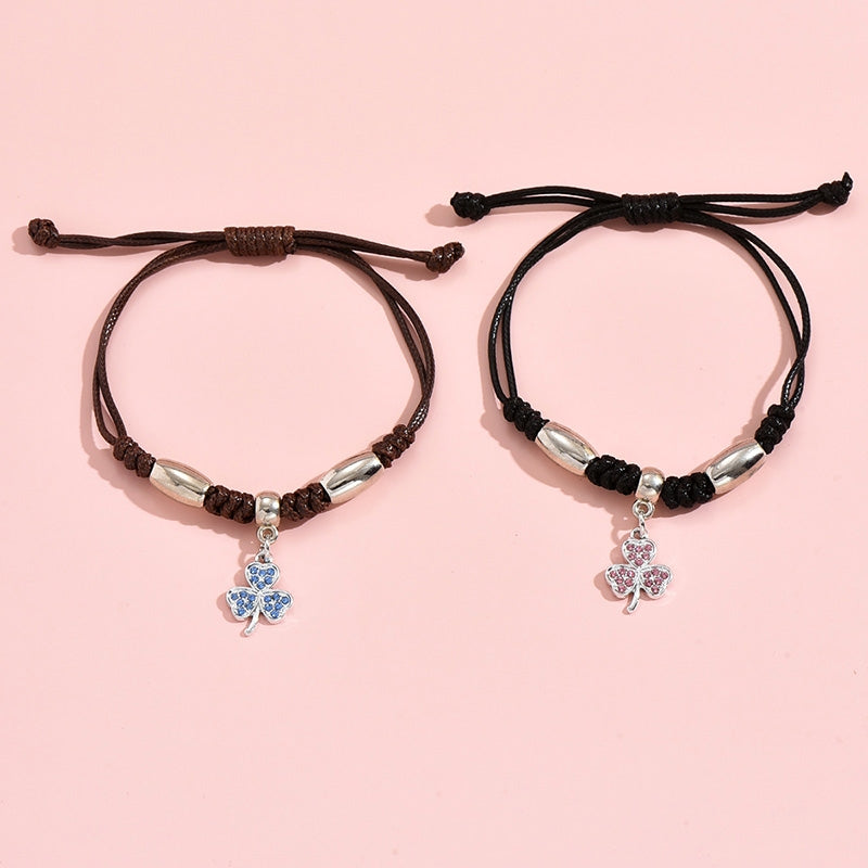 Sweet Clover Geometric Alloy Plated Couple Bracelets - European and American Creative Rhinestone Weave Design